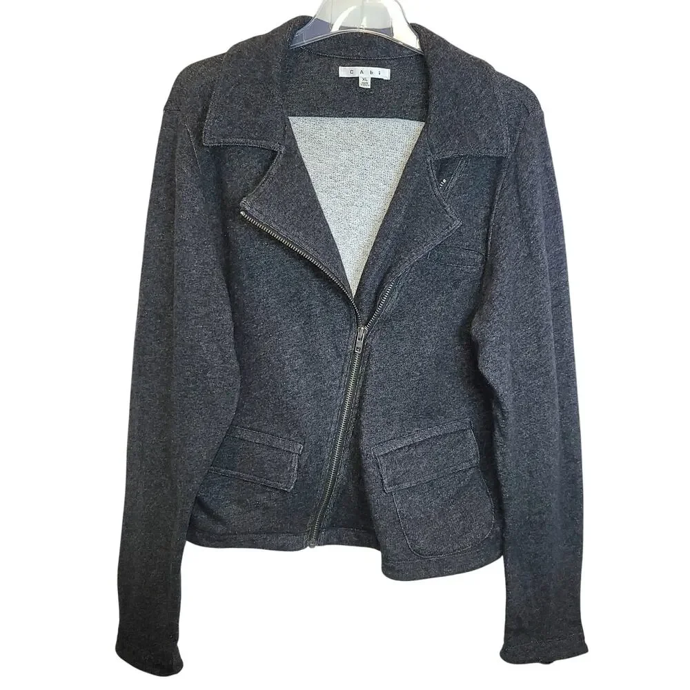 Cabi #775 Moto Jacket Asymmetrical Zip French Terry Knit Sz XL Charcoal Gray - Picture 2 of 16